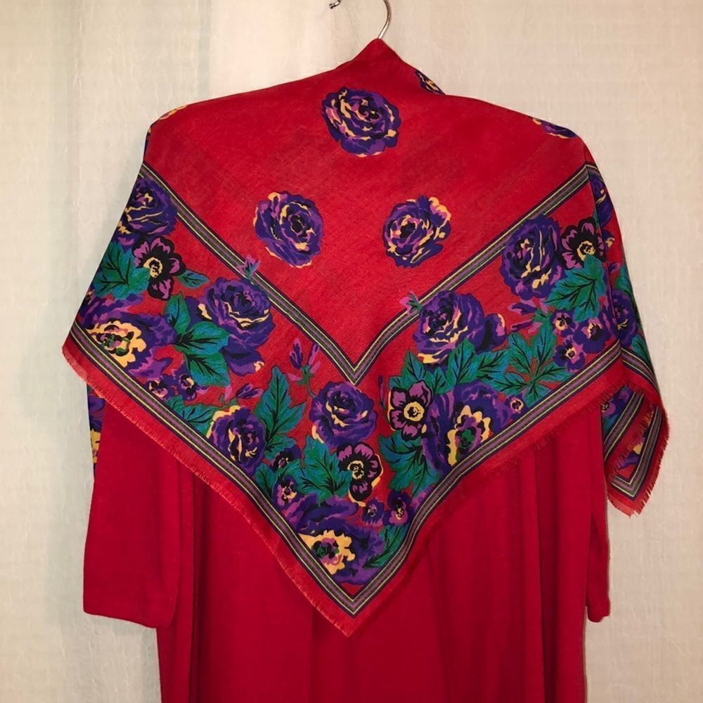 Italian Red Green Yellow Purple Pink Floral Square Scarf with raw fringed edges